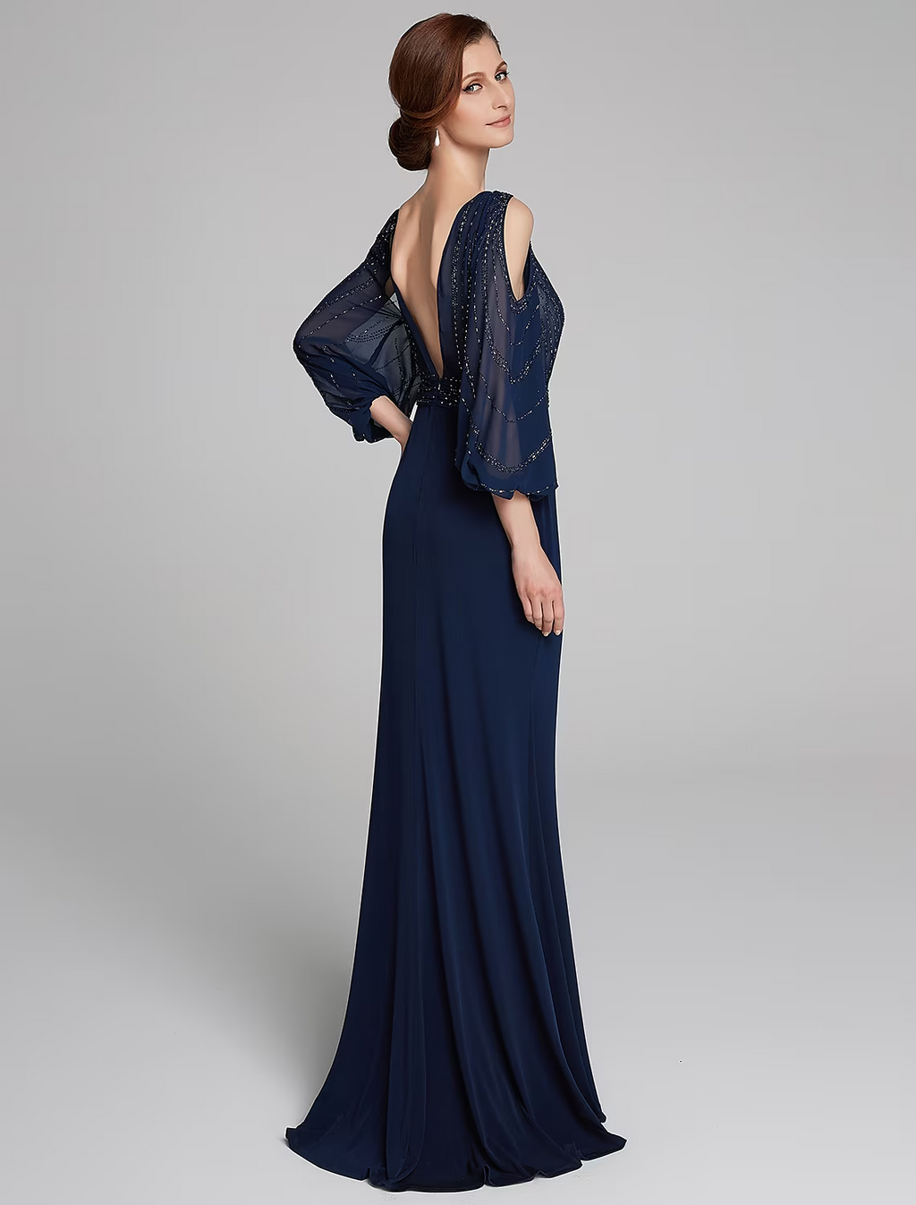 Mother of the Bride Dress Sparkle Shine Boat Neck Floor Length Long Sleeve No with Beading Ruching