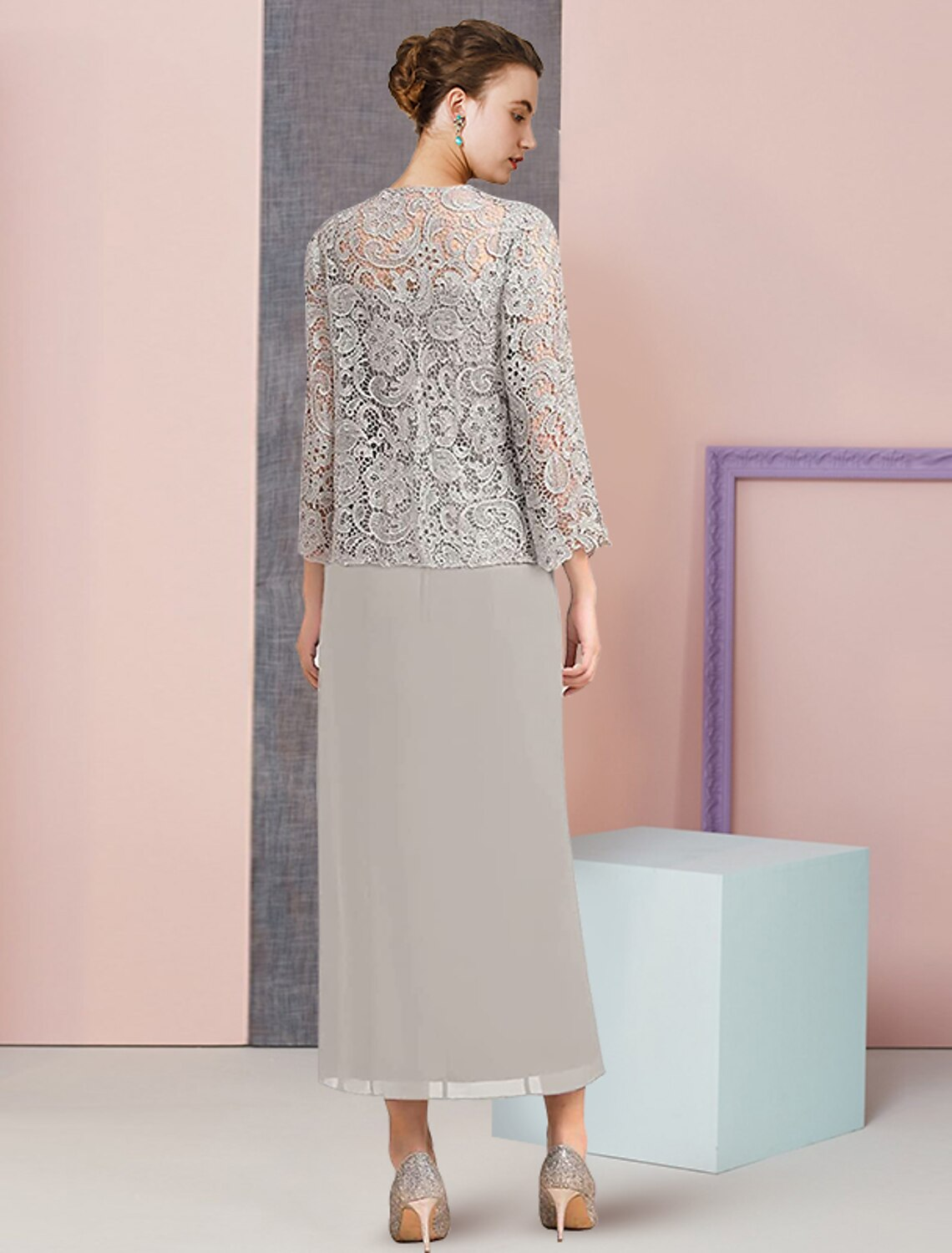 Two Piece Mother of the Bride Dress Formal Wedding Guest Elegant Square Neck Ankle Length Sleeveless Wrap Included with Appliques