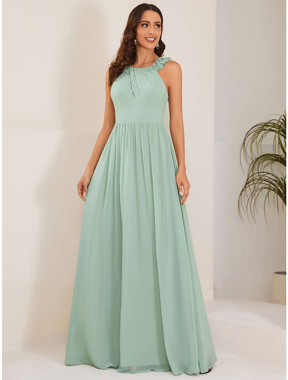 Wedding Guest Dresses Elegant Dress Formal Floor Length Sleeveless Jewel Neck with Pleats Flower
