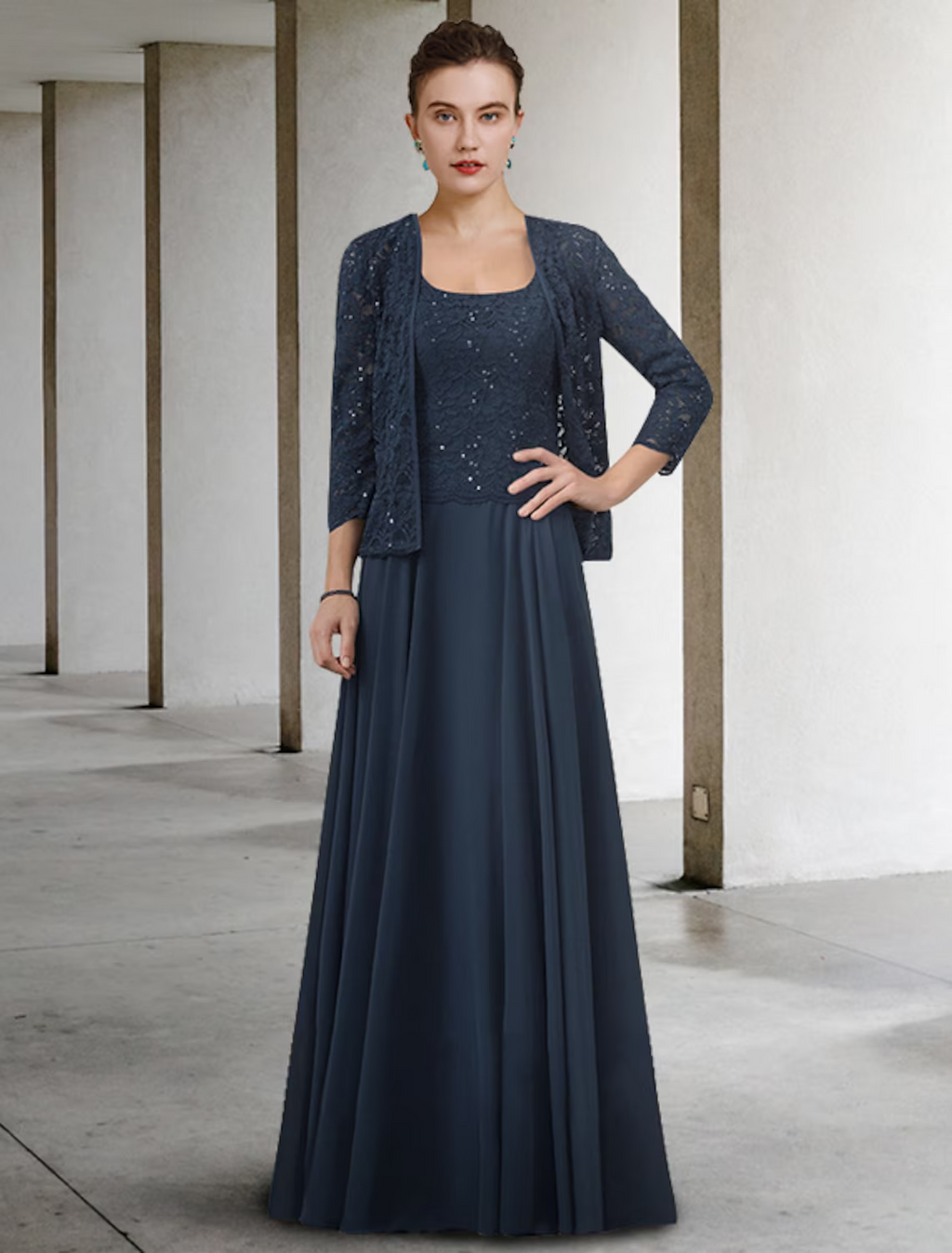 Two Piece A-Line Mother of the Bride Dress Elegant Floor Length Half Sleeve with Pleats