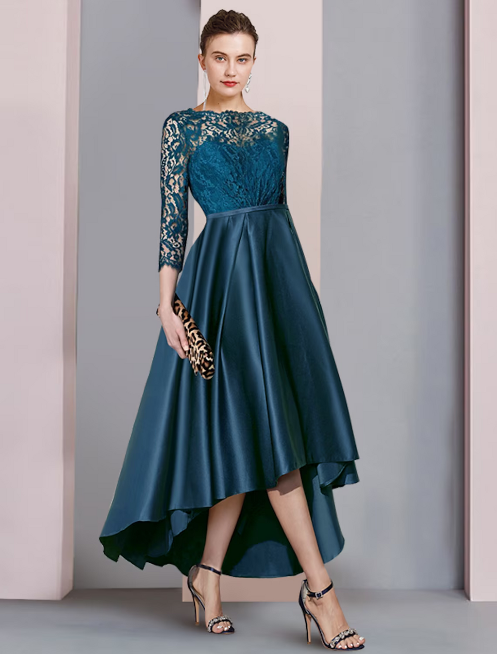 Mother of the Bride Dress Formal Wedding Guest Elegant High Low Scoop Neck Asymmetrical Half Sleeve with Pleats
