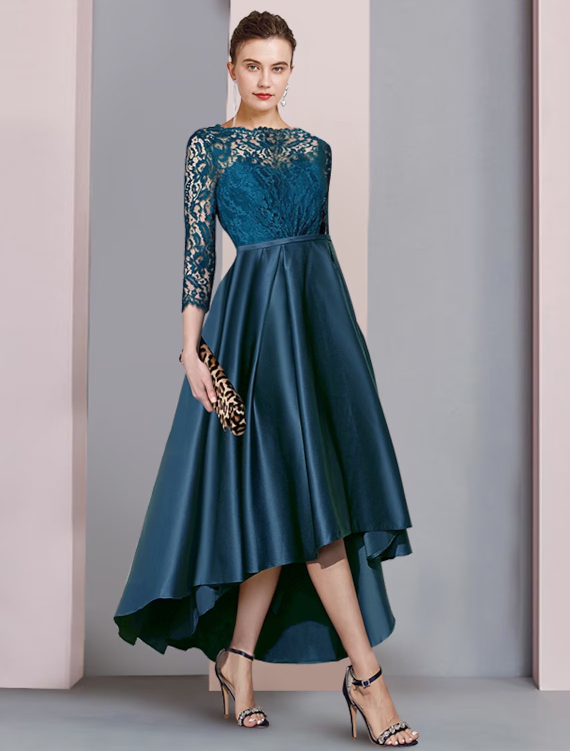 Mother of the Bride Dress Formal Wedding Guest Elegant High Low Scoop Neck Asymmetrical Half Sleeve with Pleats