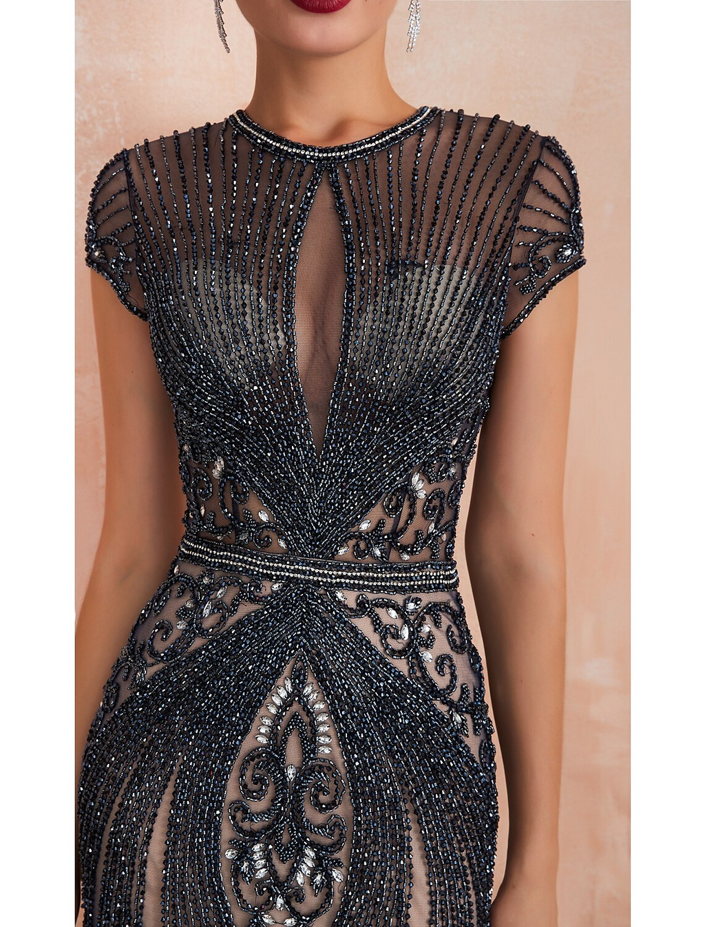 Evening Gown Luxurious Dress Engagement Short Sleeve Jewel Neck with Beading
