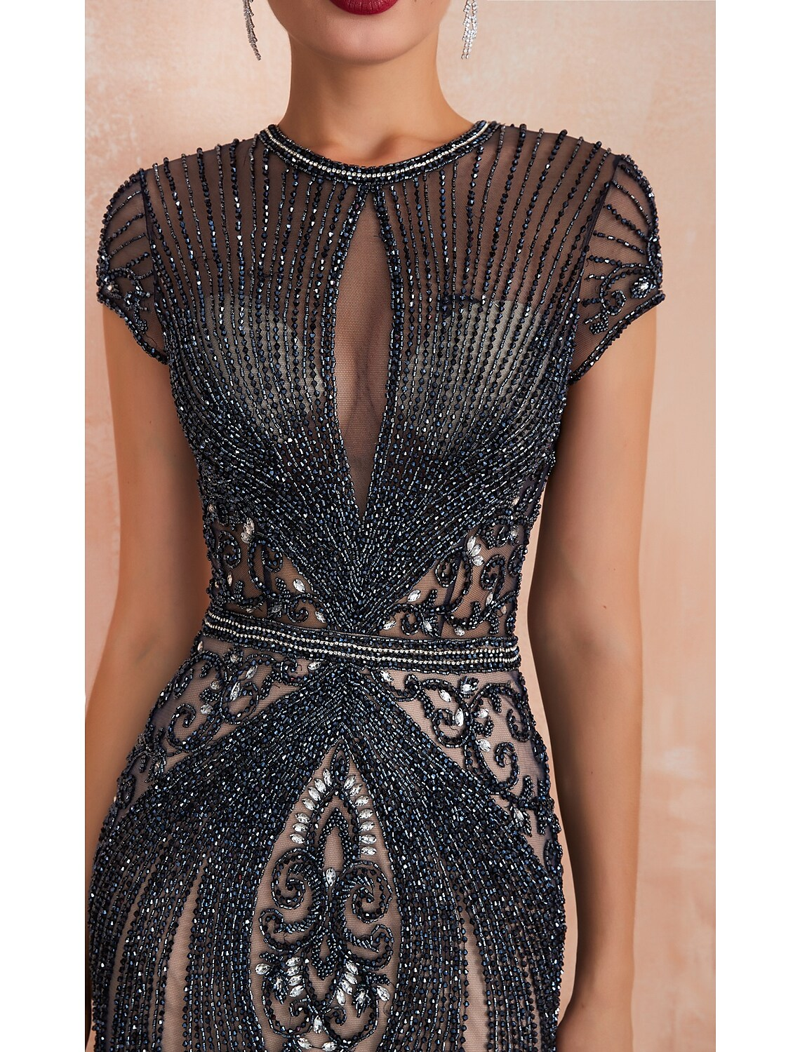 Evening Gown Luxurious Dress Engagement Short Sleeve Jewel Neck with Beading