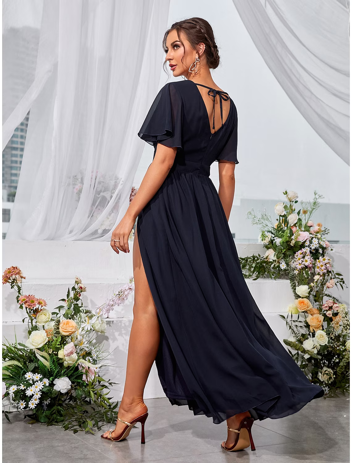 Wedding Guest Dresses Elegant Dress Holiday Floor Length Short Sleeve V Neck Backless with Slit