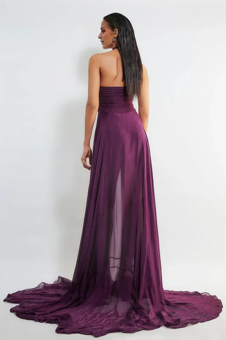 Plum Halter Neck Ruched Chiffon Prom Dress with Train