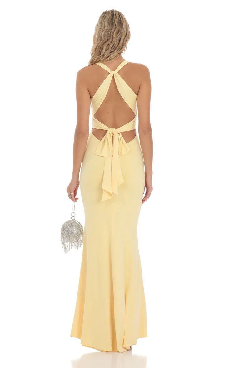Pale Yellow V-Neck Twist-Front Open-Back Prom Dress
