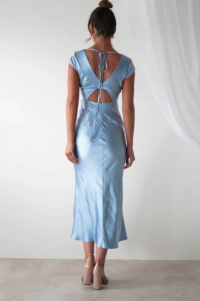Light Blue Cap-Sleeve V-Neck Tie-Back Satin Prom Dress