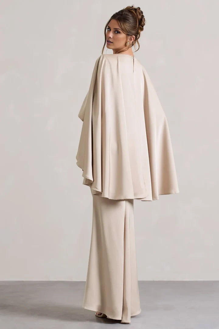 Champagne V-Neck Cape-Sleeve Mermaid Floor-Length Evening Dress