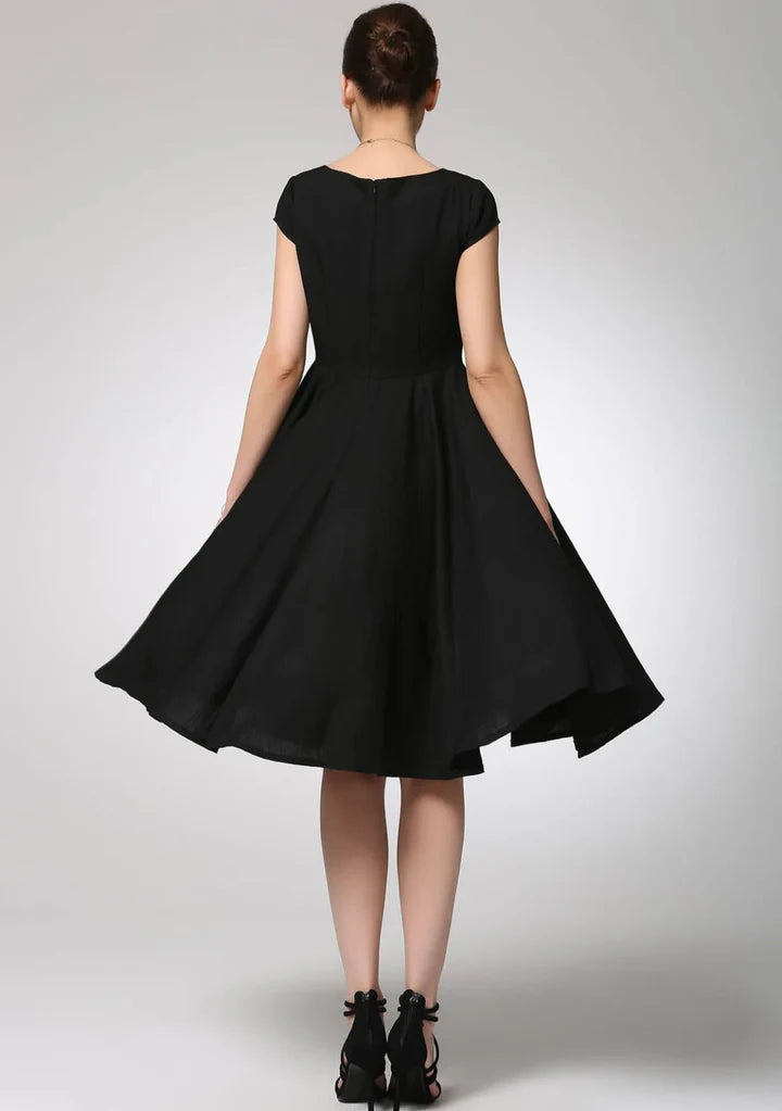 Classic A-Line Midi Boat Neck Cap Sleeve Zipper Back Party Dress