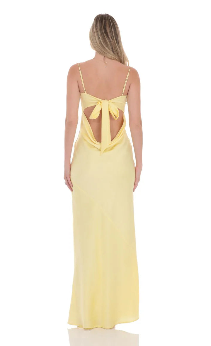 Lemon Yellow Spaghetti Strap Bow-Back Floor-Length Prom Dress
