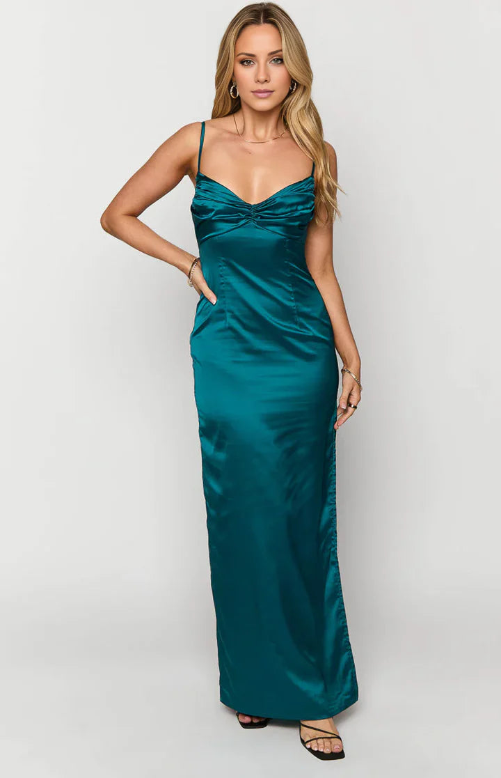 Teal Spaghetti-Strap Ruched-Bust Satin Prom Dress