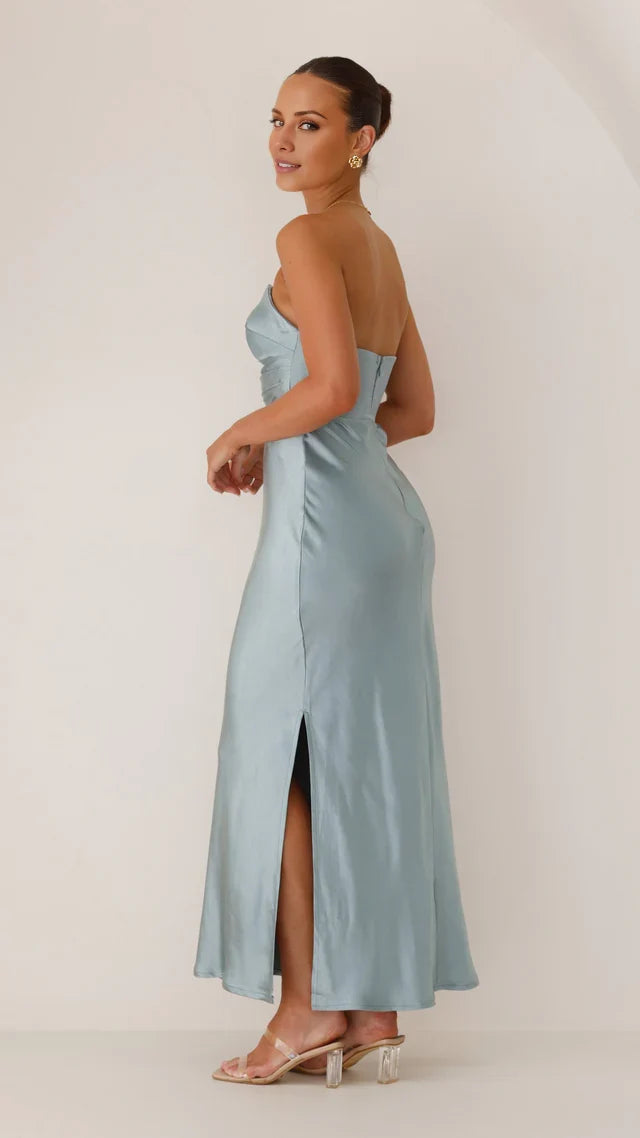 Dusty Blue Strapless V-Notch Satin Midi Evening Dress