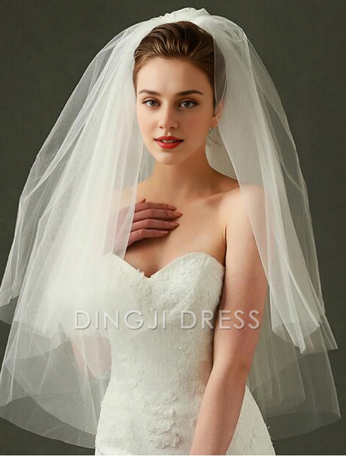 Ding Ji Two-tier Cut Edge Wedding Veil Blusher Veils Fingertip Veils dress to impress Romantic Veil