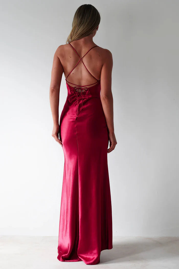 Red Satin Spaghetti-Strap Lace-Up Back High-Slit Prom Dress