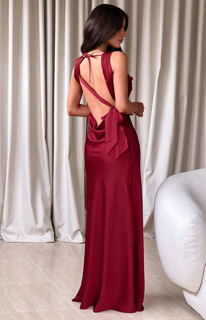 Wine Red Cowl-Neck Open-Back Satin Prom Dress