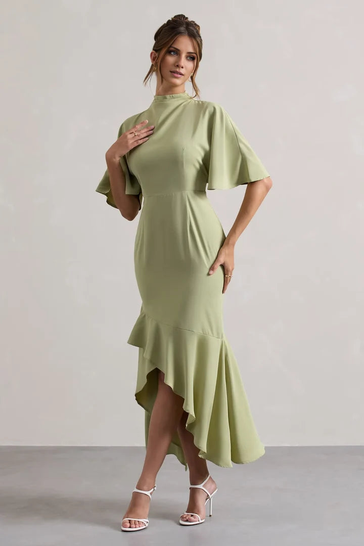 Sage Green High-Neck Cape-Sleeve Asymmetrical Ruffle-Hem Evening Dress