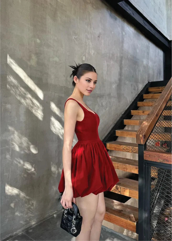 Flared Bubble Mini Square Neck Sleeveless Low Back Party Dress