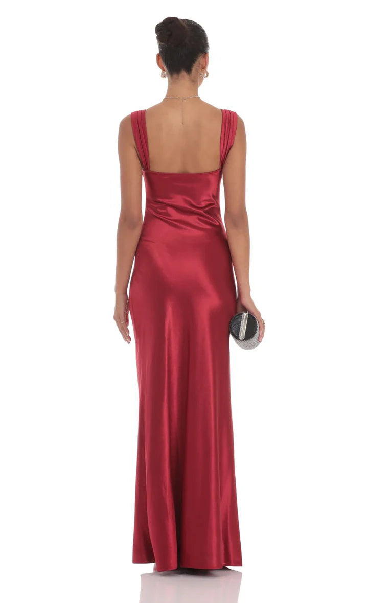 Red Satin Lace-Trim Bustier Prom Dress