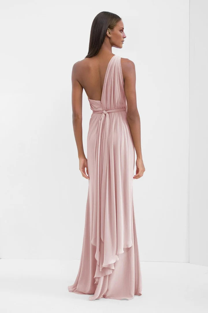 Blush Pink One-Shoulder Draped High-Slit Floor-Length Evening Dress