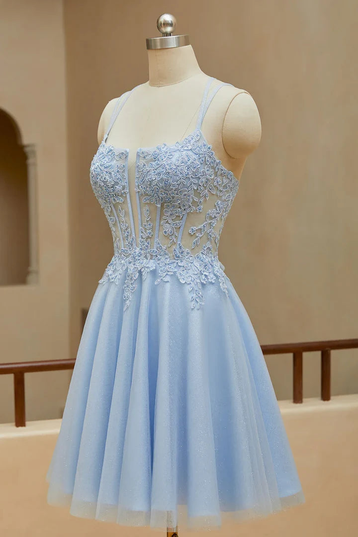 A-Line Square Neck Spaghetti Strap Lace Up Back Mini Homecoming Dresses