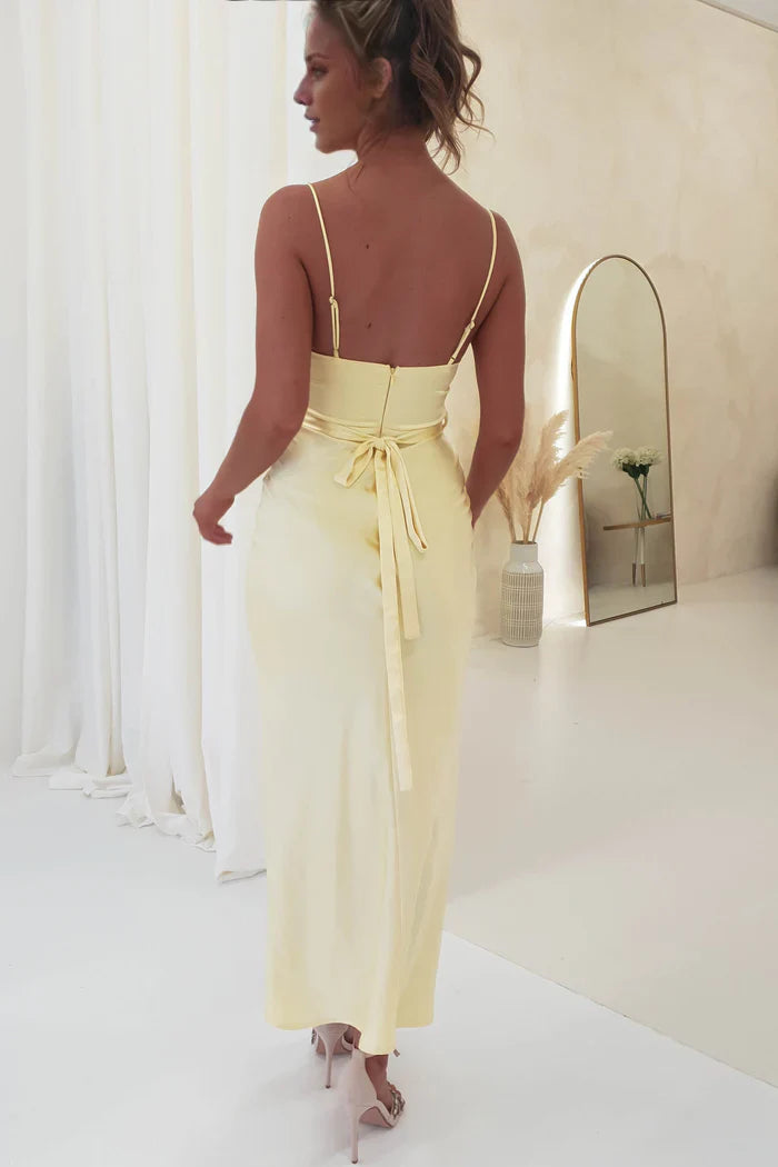 Soft Yellow Cowl Neck Sleeveless Tie-Back Midi Prom Dress