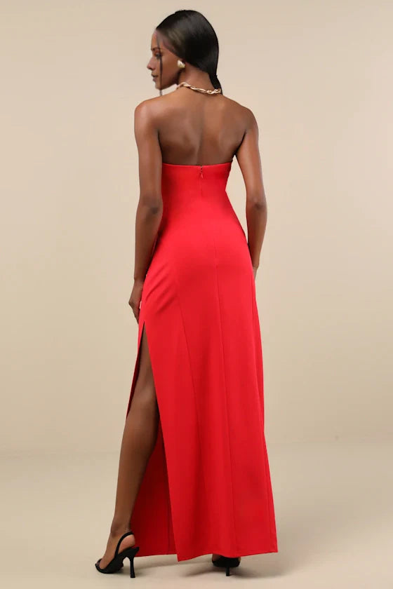 Red Strapless High-Slit Floor-Length Prom Dress