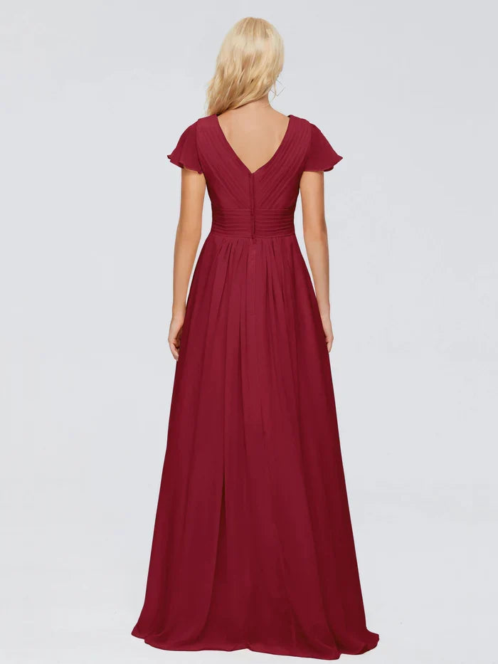 Chic A Line V Neck Flutter Sleeve V Back Floor Length Mother Of The Bride Dresses