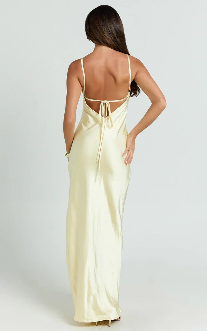 Pale Yellow Square-Neck Lace-Up Back High-Slit Prom Dress