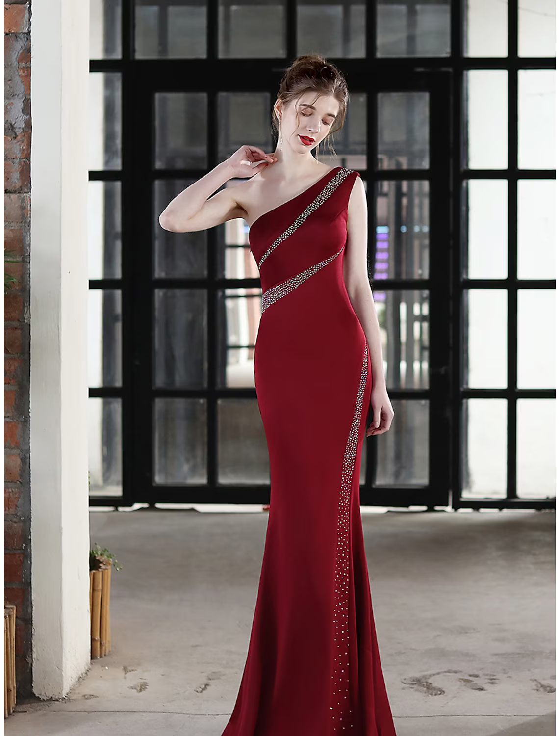 Evening Gown Sexy Dress Wedding Guest Floor Length Sleeveless One Shoulder with Crystals
