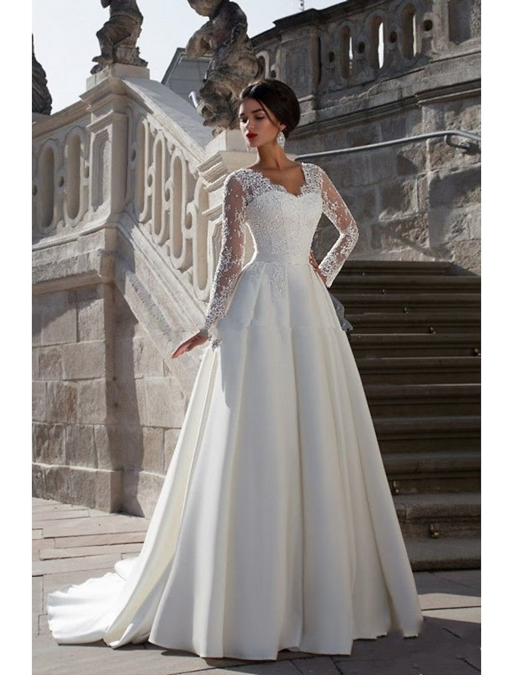 Engagement Formal Wedding Dresses Court Train A-Line Long Sleeve V Neck With Appliques