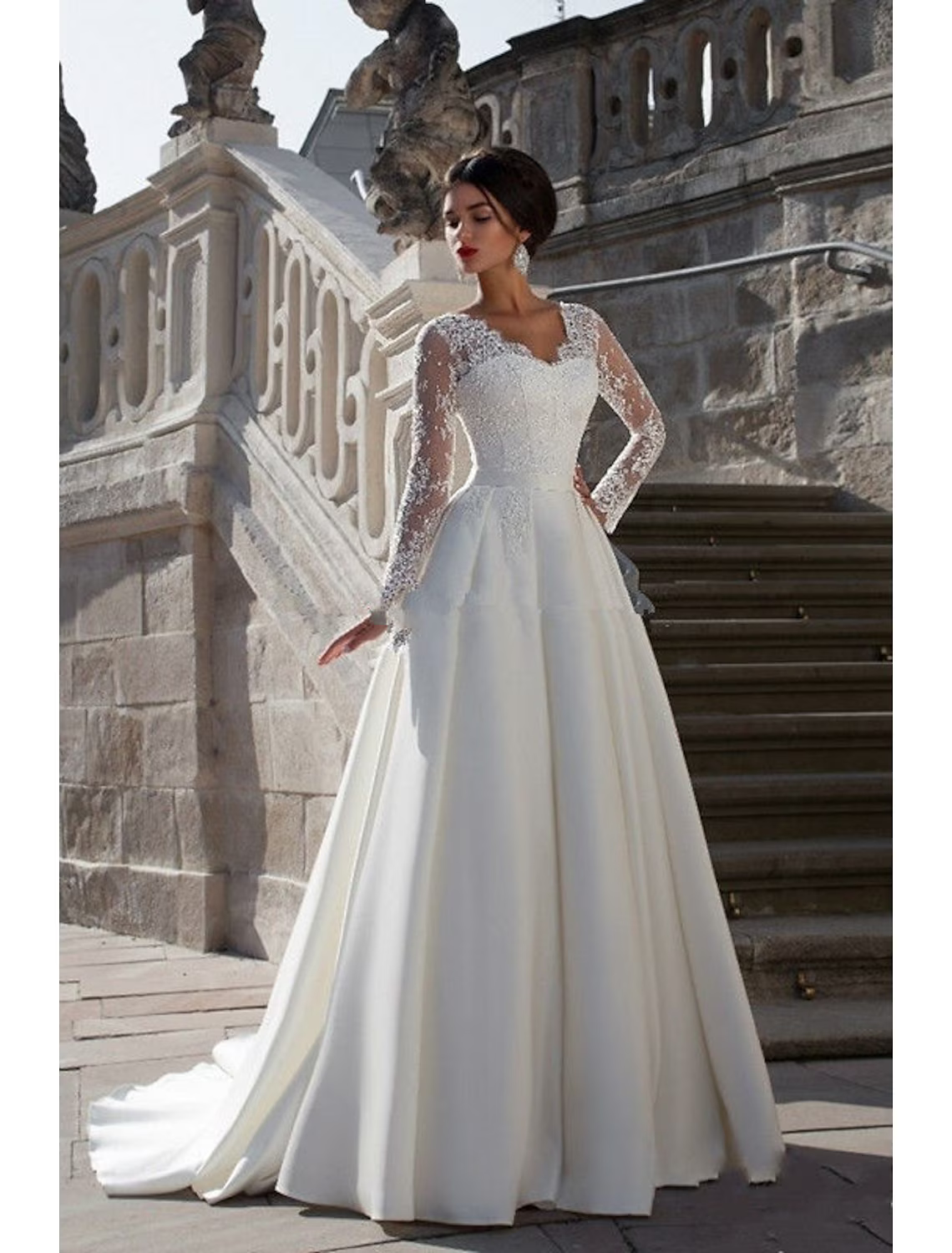 Engagement Formal Wedding Dresses Court Train A-Line Long Sleeve V Neck With Appliques