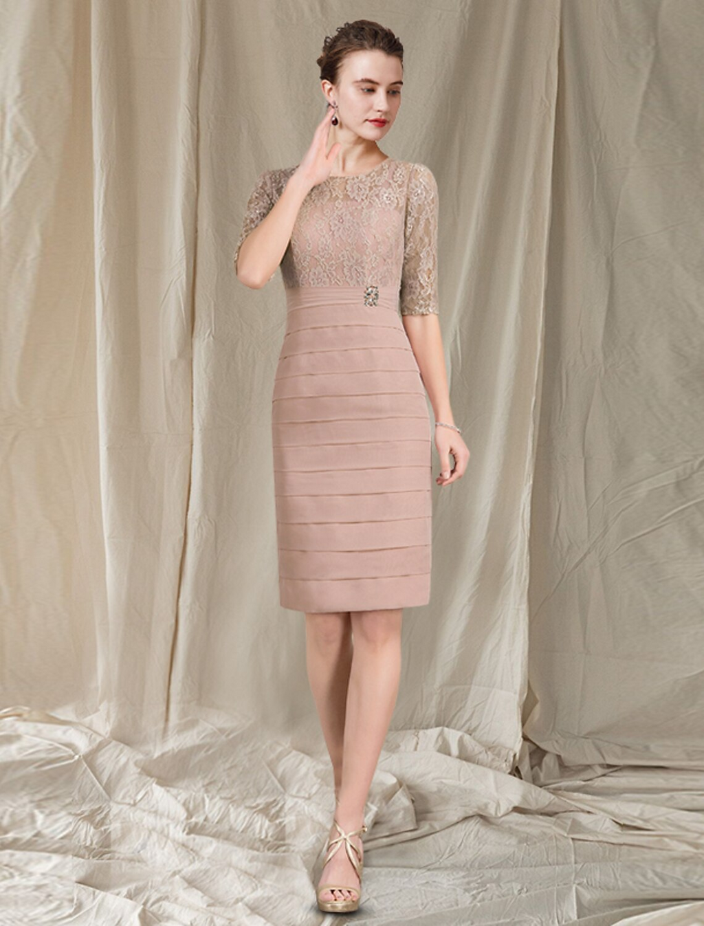 Two Piece Mother of the Bride Dress Church Elegant Knee Length Short Sleeve Wrap Included with Tier