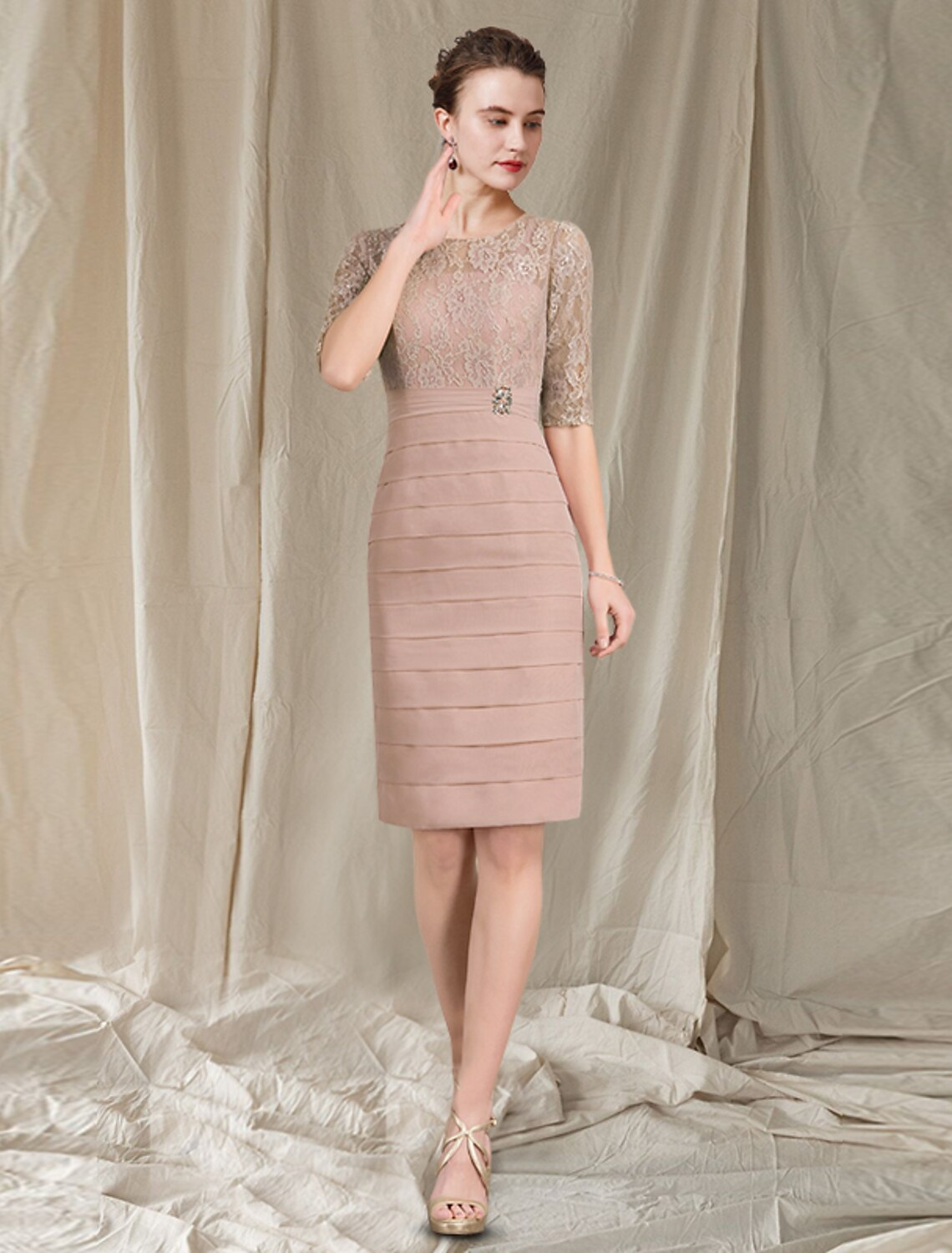 Two Piece Mother of the Bride Dress Church Elegant Knee Length Short Sleeve Wrap Included with Tier