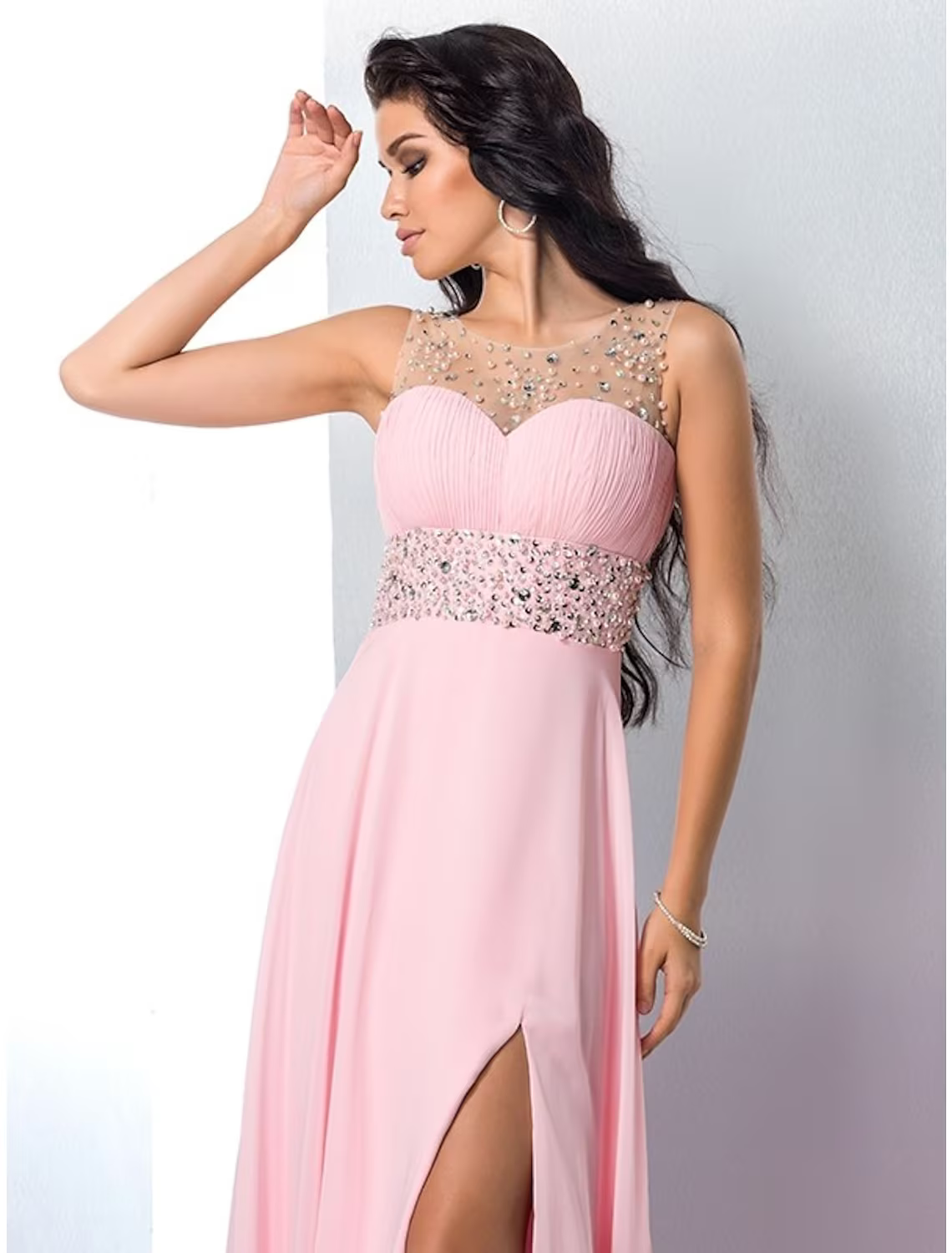 Sparkle Shine Dress Party Wear Sleeveless Jewel Neck with Rhinestone Slit