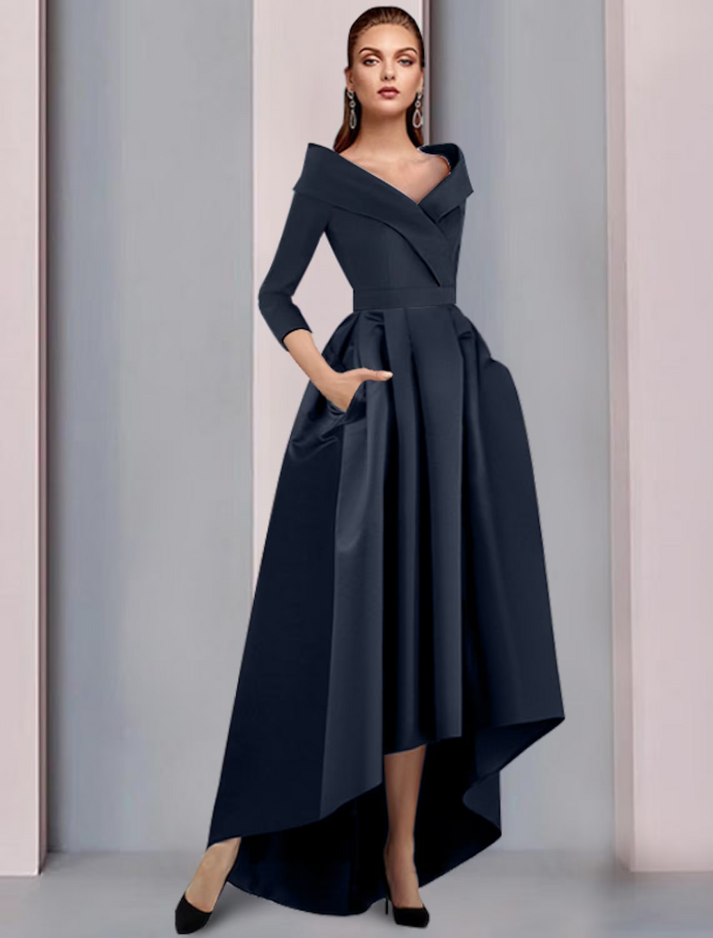Mother of the Bride Dress Wedding Guest Vintage Plus Size Elegant V Neck Length 3/4 Length Sleeve with Pleats