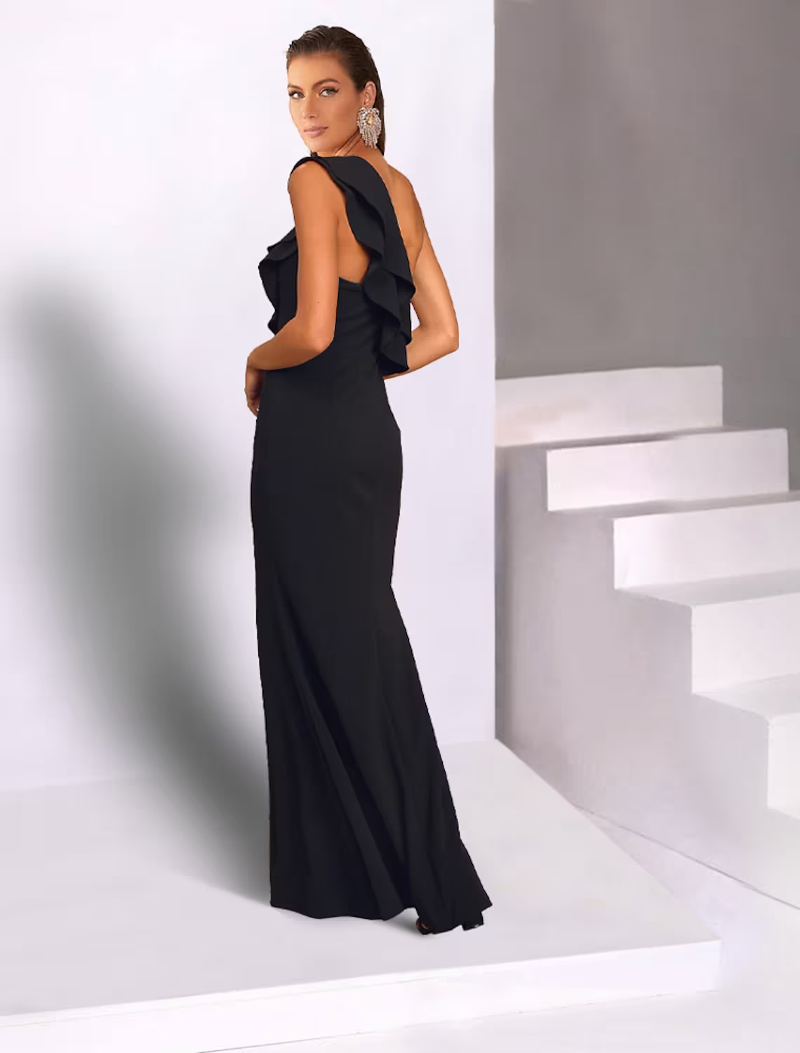 Black Mermaid / Trumpet Wedding Guest Dresses Dress Wedding Party Floor Length Sleeveless One Shoulder with Ruffles