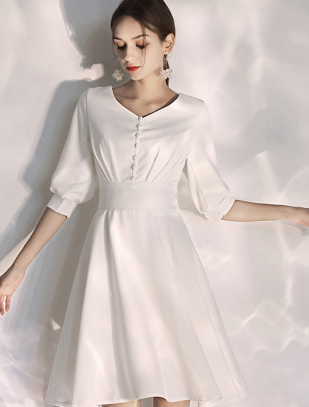White Bachelorette Party Little Dresses Wedding Dresses Knee Length A-Line Half Sleeve V Neck Fabric