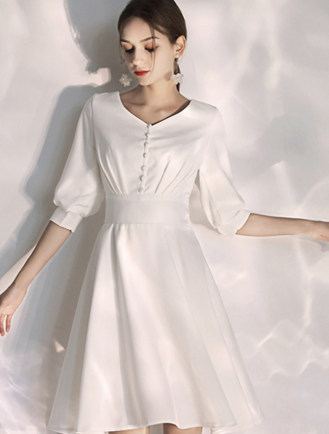 White Bachelorette Party Little Dresses Wedding Dresses Knee Length A-Line Half Sleeve V Neck Fabric