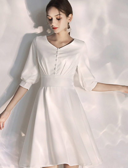 Elegant White A-Line V-Neck Classic-Sleeve Classic-Back Knee-Length Wedding Dress