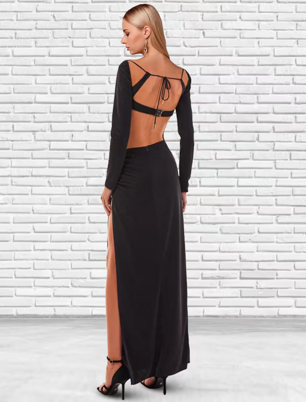 Vintage Dress Floor Length Long Sleeve Strap Detachable Fabric Backless with Slit