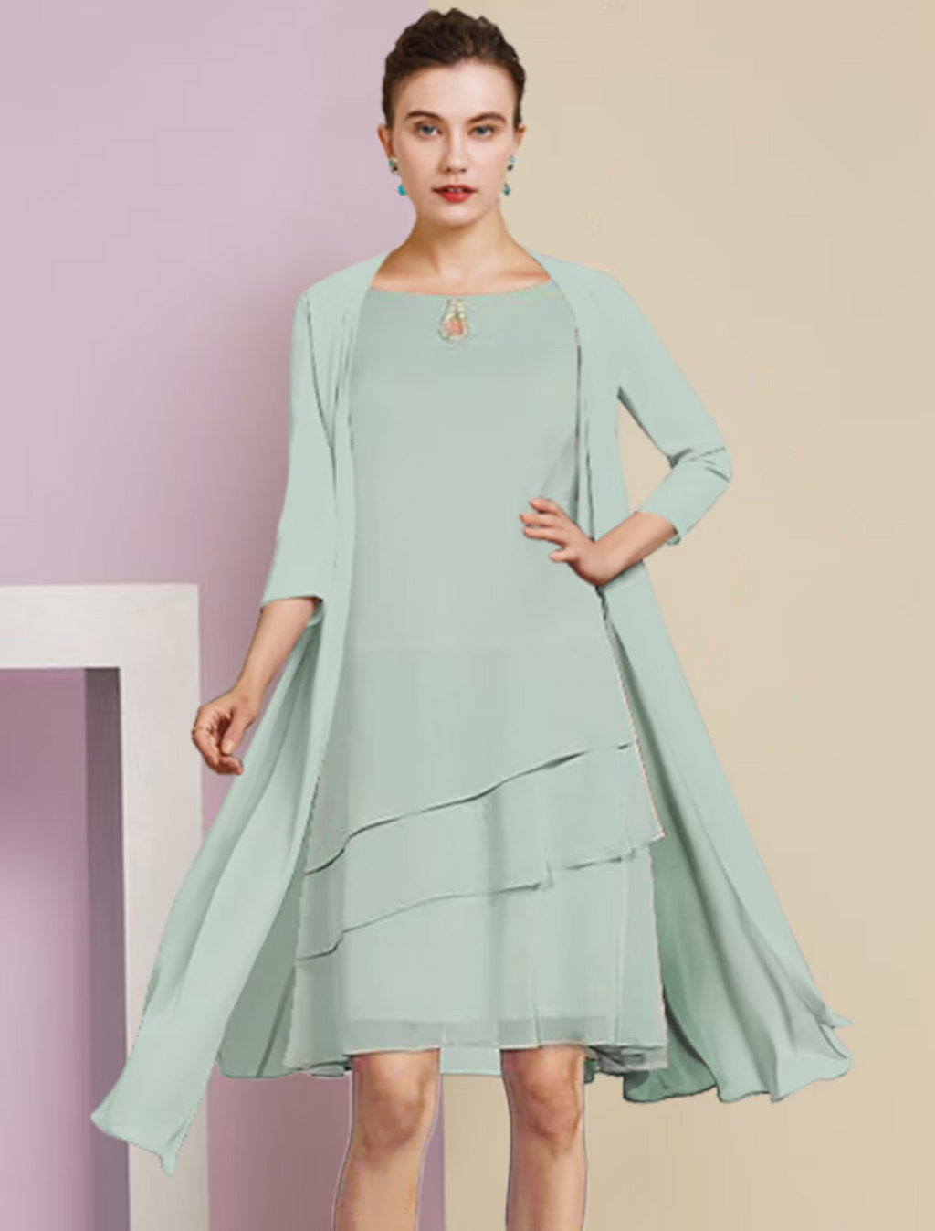 Two Piece A-Line Mother of the Bride Dress Formal Wedding Guest Elegant Scoop Neck Knee Length Length Sleeve with Tier