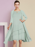Two Piece A-Line Mother of the Bride Dress Formal Wedding Guest Elegant Scoop Neck Knee Length Length Sleeve with Tier