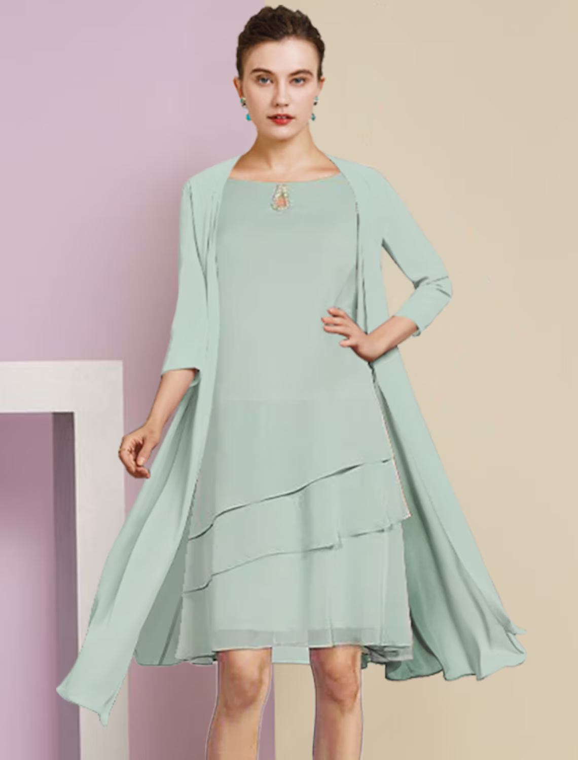 Two Piece A-Line Mother of the Bride Dress Formal Wedding Guest Elegant Scoop Neck Knee Length Length Sleeve with Tier