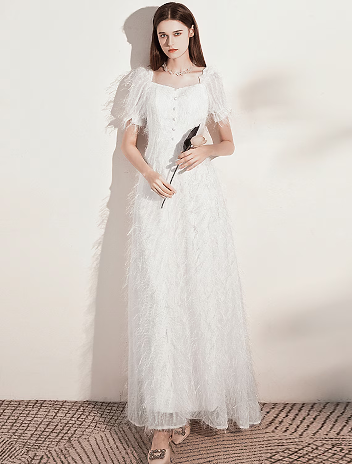 Evening Gown Dress Wedding Guest Floor Length Short Sleeve Scoop Neck with Buttons