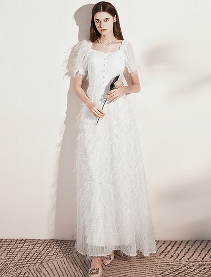 Elegant Red A-Line Classic-Neck Short-Sleeve Classic-Back Floor-Length Wedding Dress
