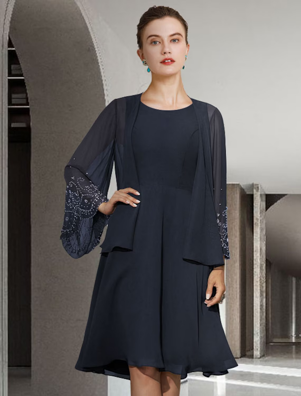 Two Piece A-Line Mother of the Bride Dress Elegant Knee Length Sleeveless with Pleats Beading