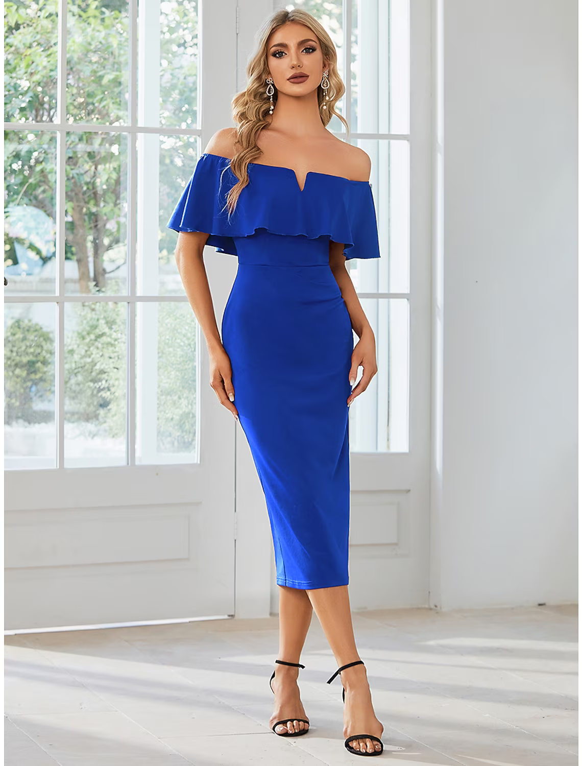 Wedding Guest Dresses Dress Party Wear Tea Length Short Sleeve Off Shoulder Fabric with Slit