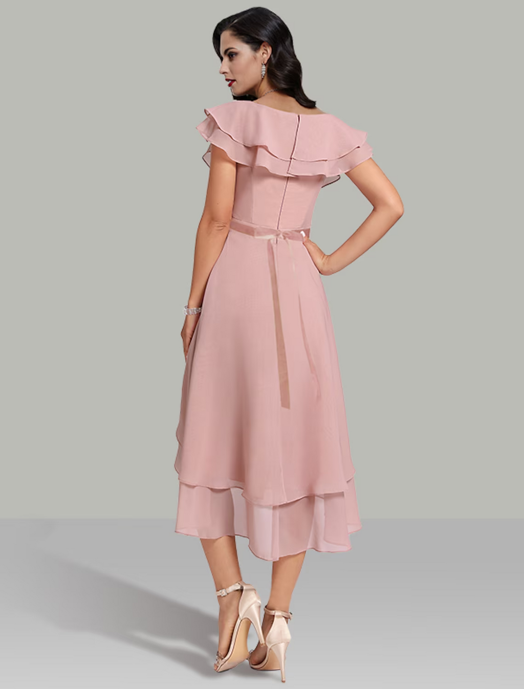 Wedding Guest Dresses Tiered Dress Cocktail Party Short Sleeve V Neck Belt Sash with Beading