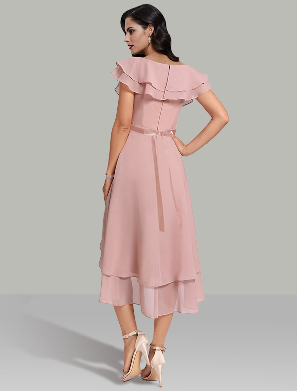 Wedding Guest Dresses Tiered Dress Cocktail Party Short Sleeve V Neck Belt Sash with Beading
